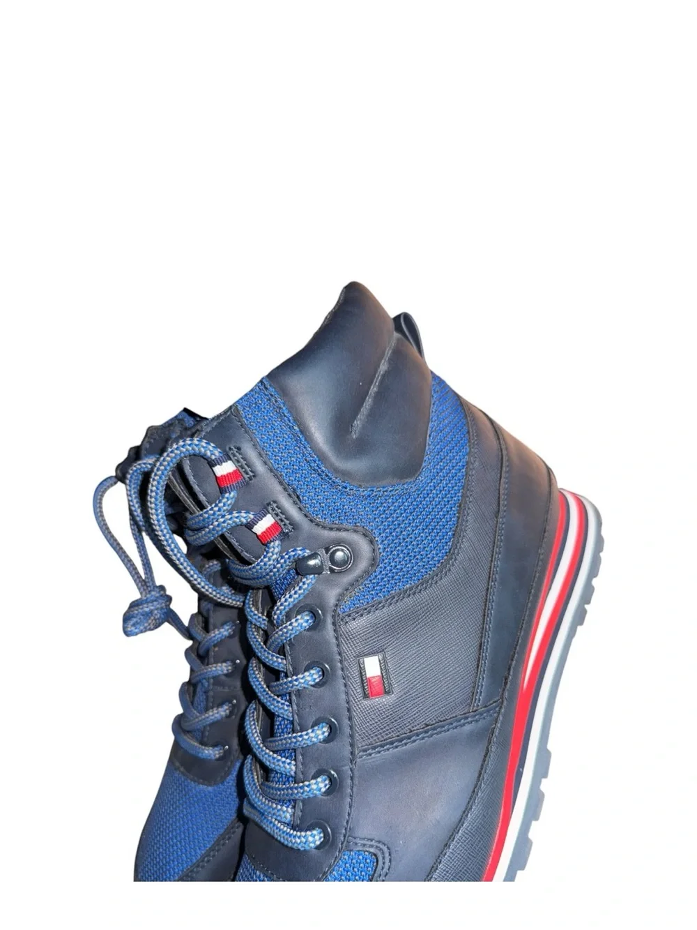 Men’s Tommy Hilfiger “Morien” Navy Blue High-Top Red/White Trim Hiker Boots - 10